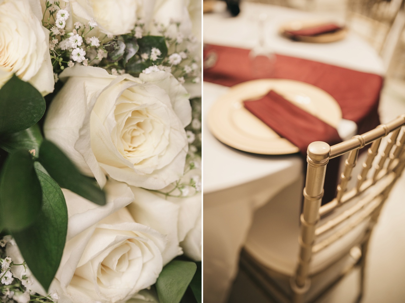 Burgundy and gold wedding reception details photo