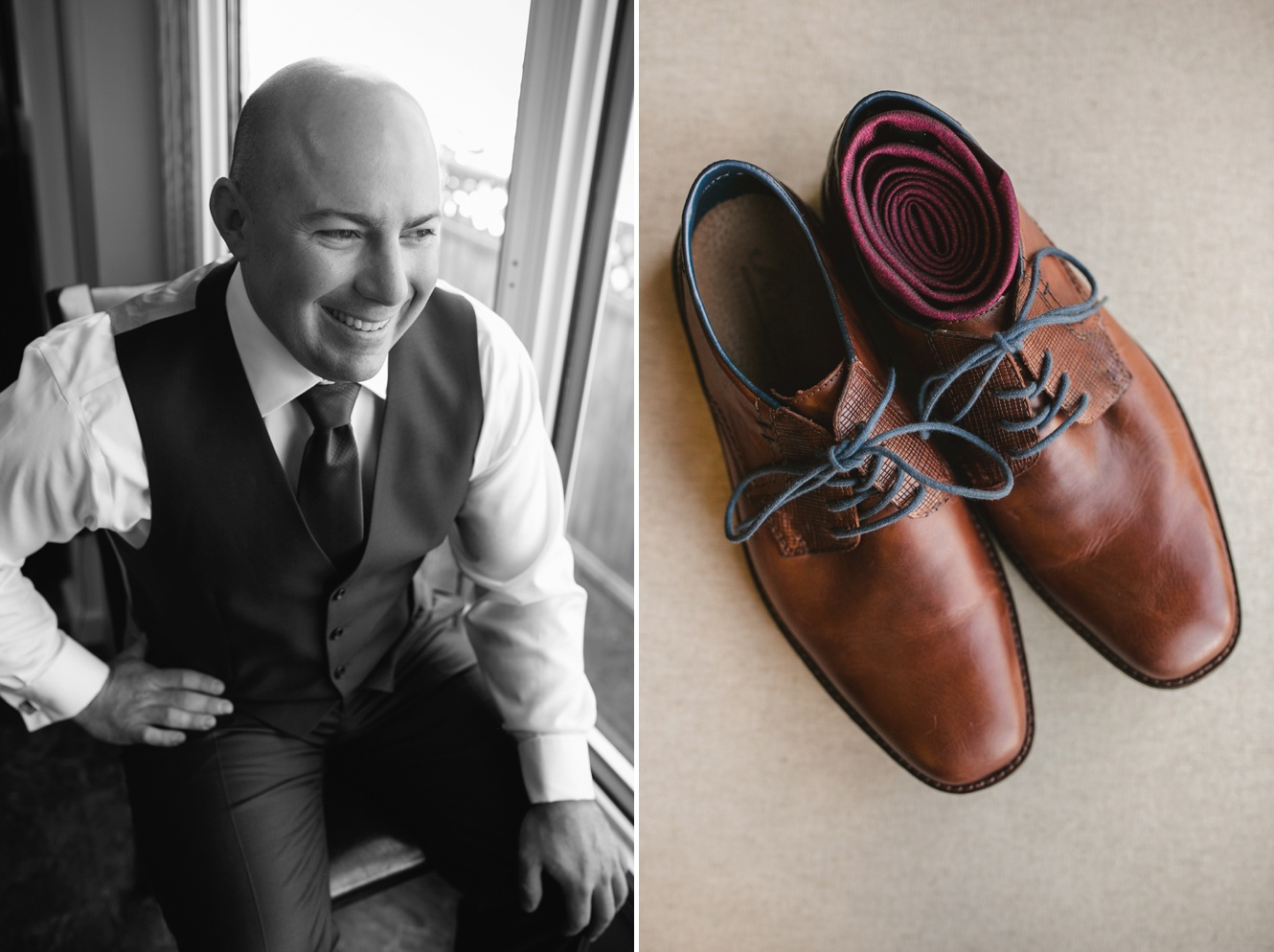 Camel shoes and black and white photo of groom