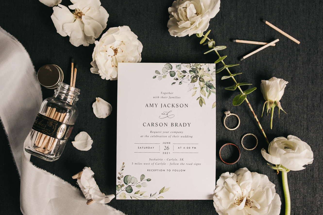 Black white and greenery wedding theme photo