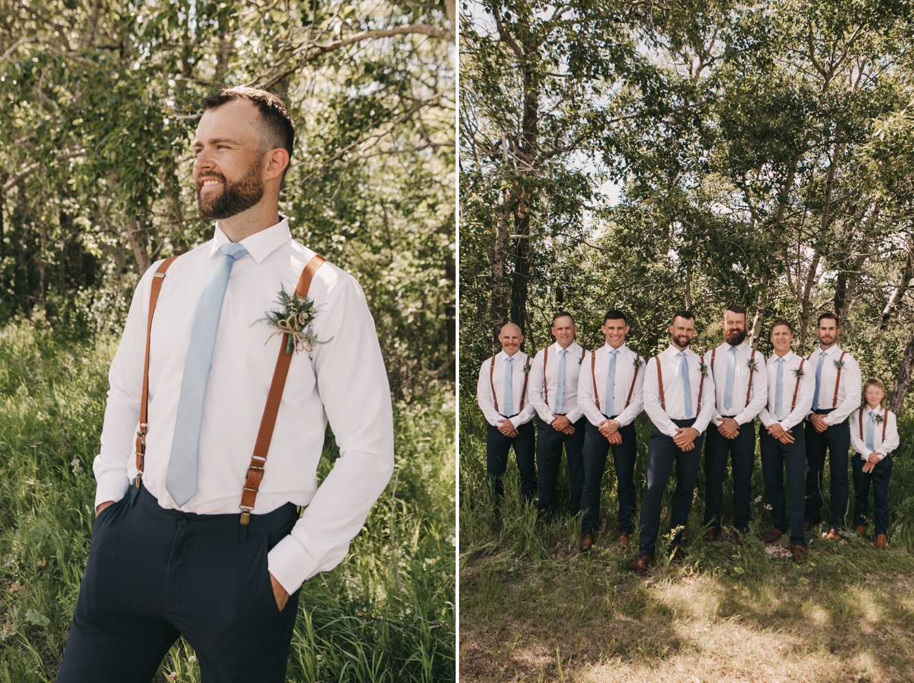 groomsmen in leather suspenders and white shirts