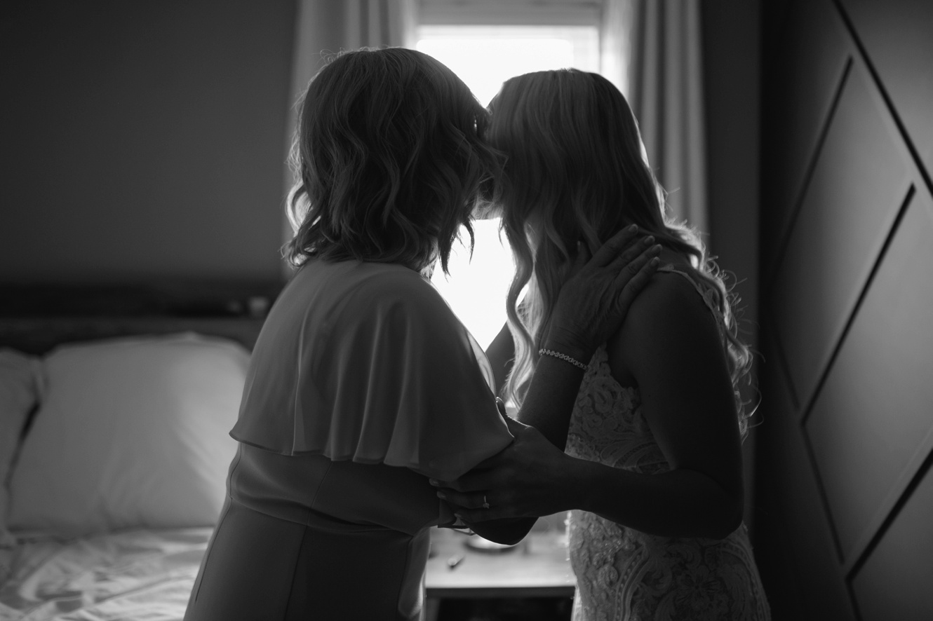 black and white photo of bride and mother