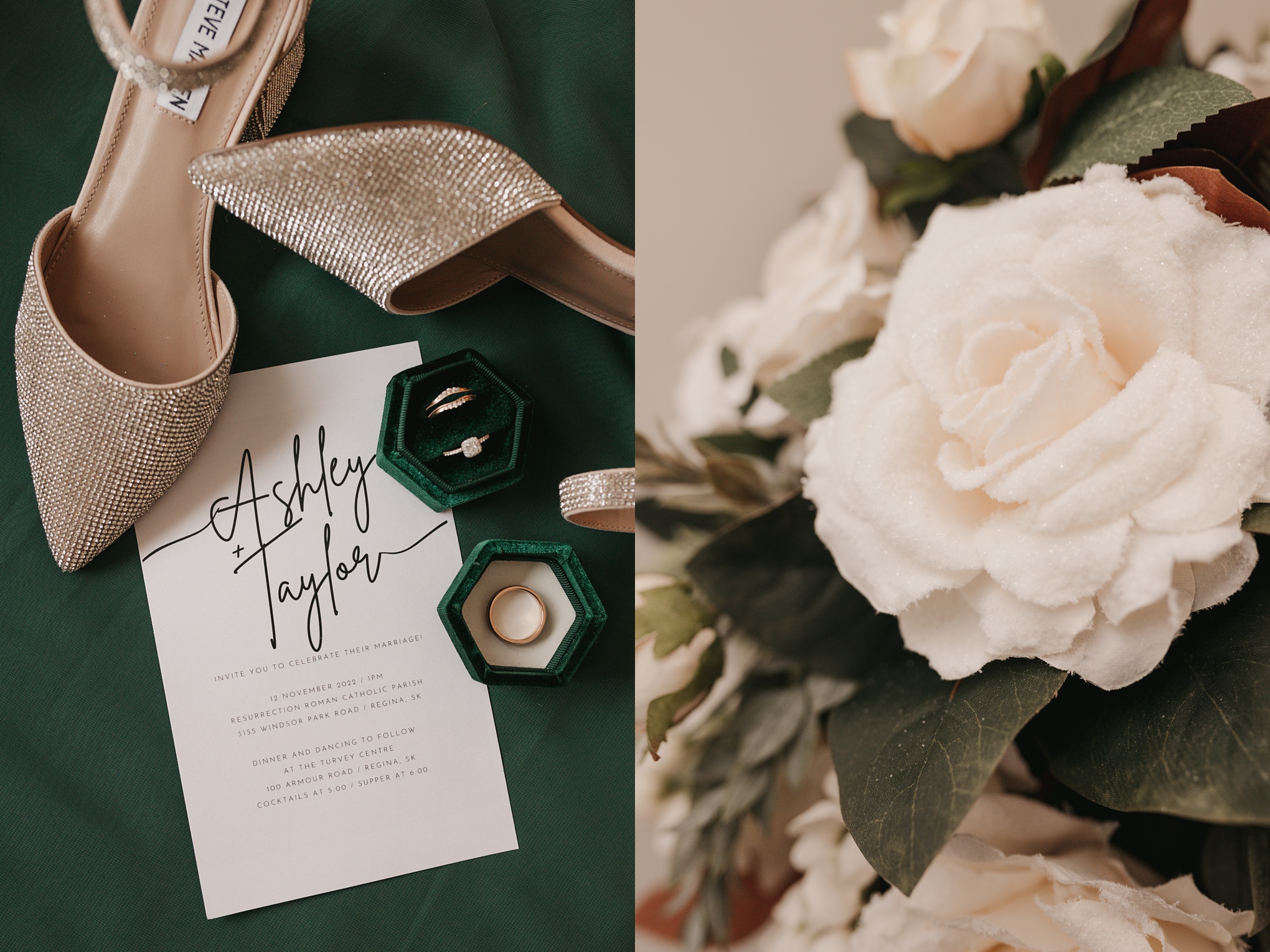white and green wedding details