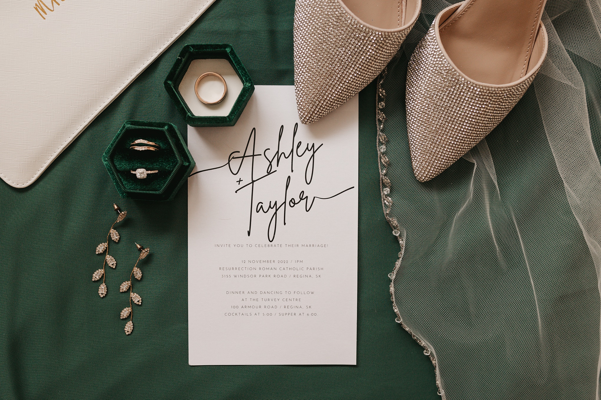 white and green wedding details