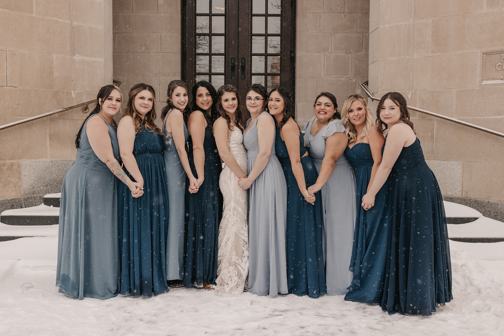 mismatched blue bridesmaid dresses
