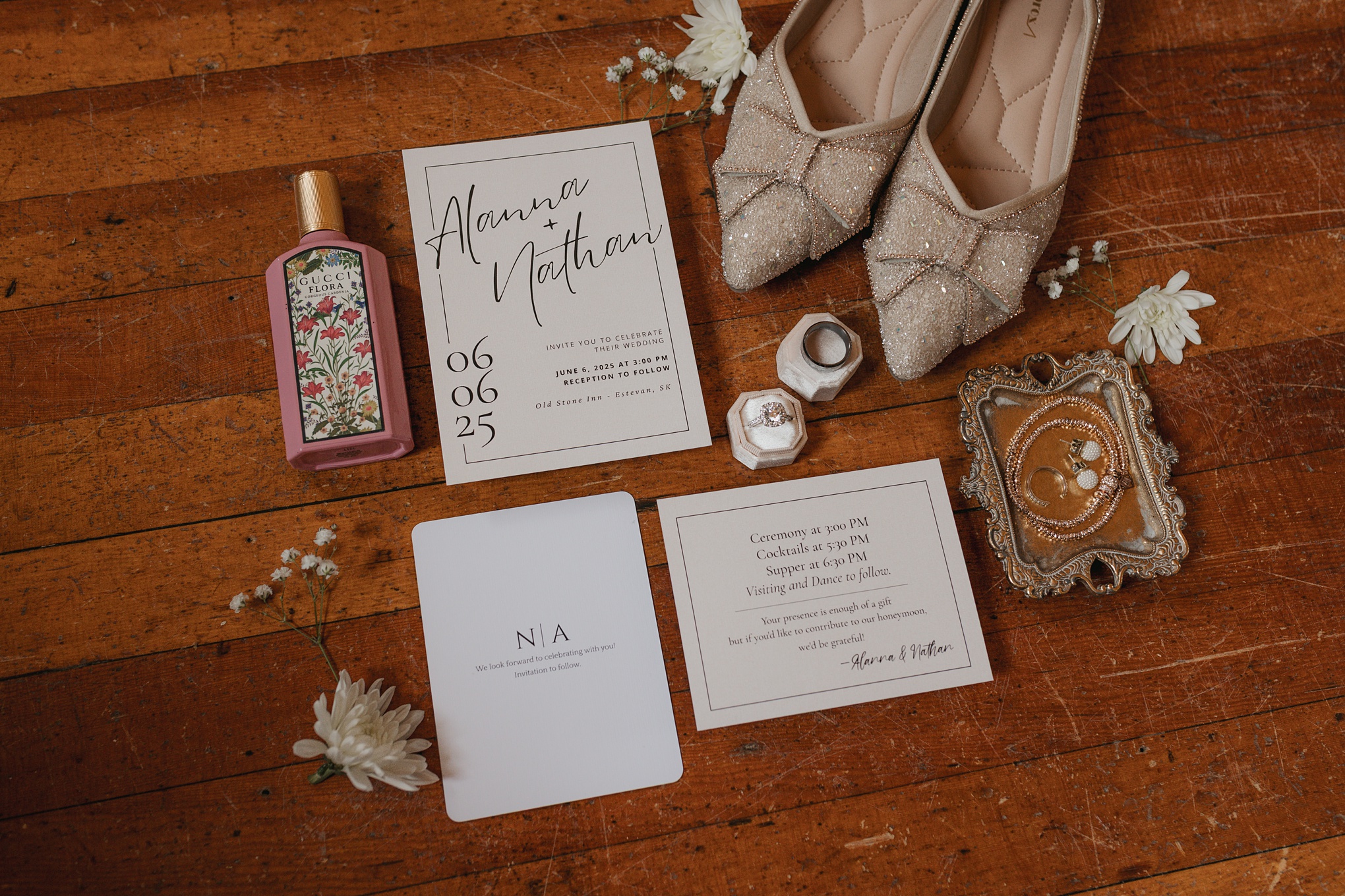 wedding flatlay at the old stone inn