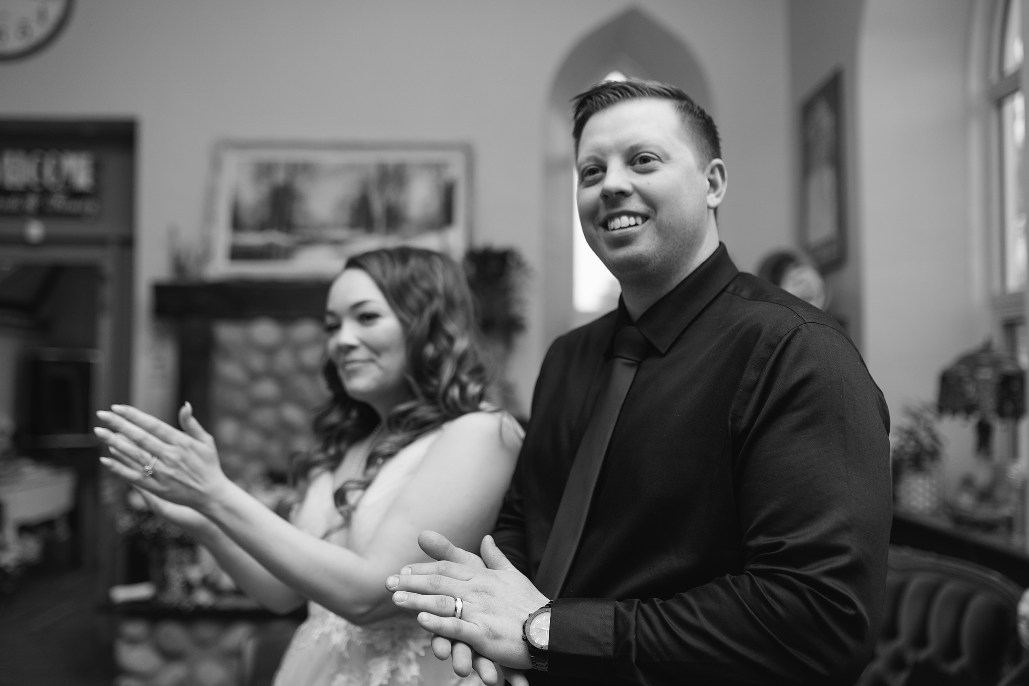 Black and white photo of bride and groom