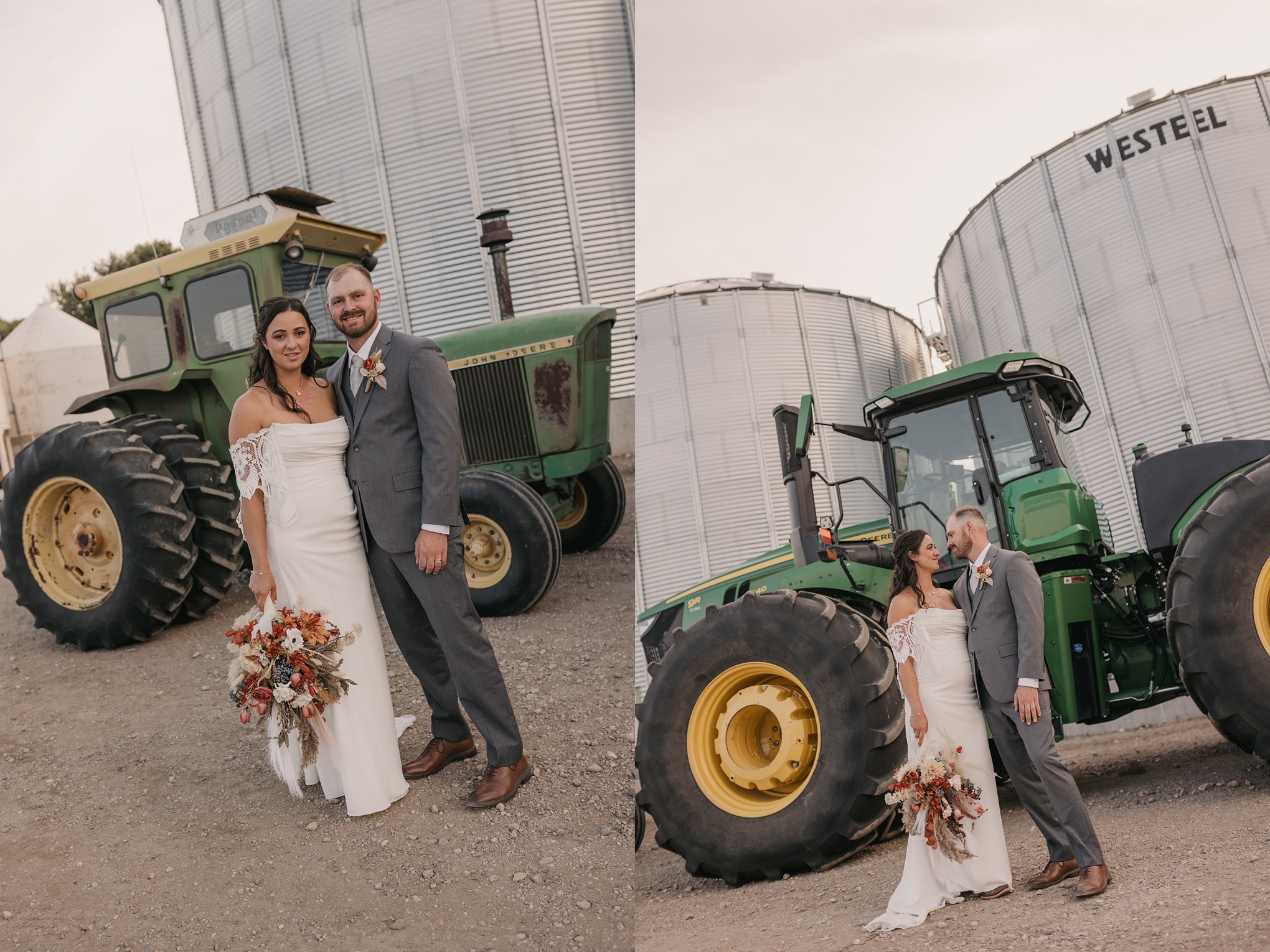 wedding photos with john deere tractor